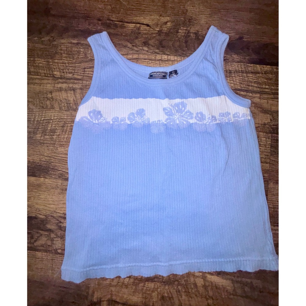 American Eagle Outfitters Ribbed Tank Top Blue Hibiscus Floral Print Cotton L